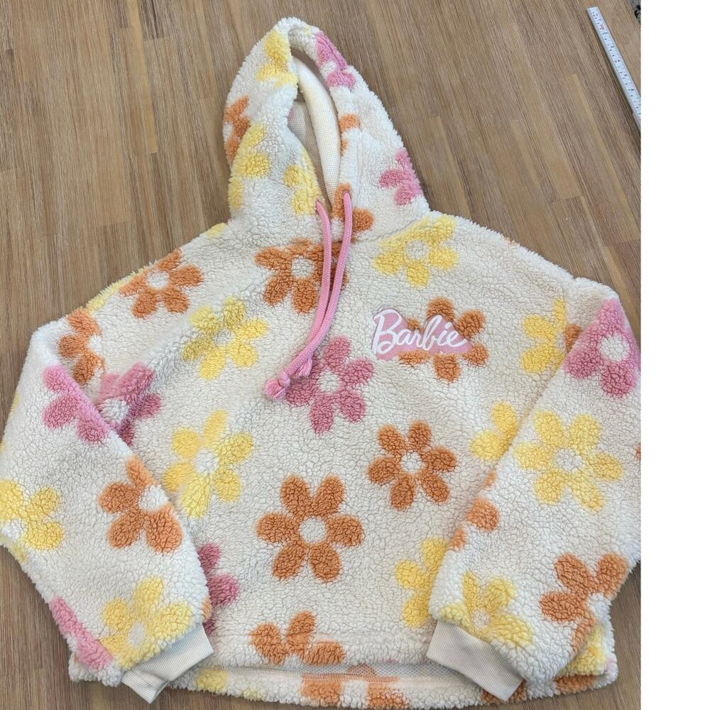 Barbie Sherpa Hoodie Crop Sweatshirt Floral Teddy Size M
